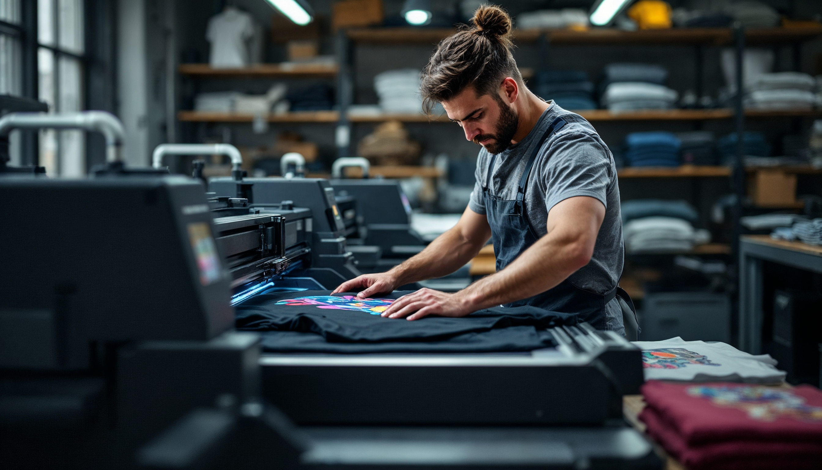 24-Hour Custom Tees – Same-Day & Next-Day T-Shirt Printing Technician printing rush custom t-shirts on professional equipment for same-day orders