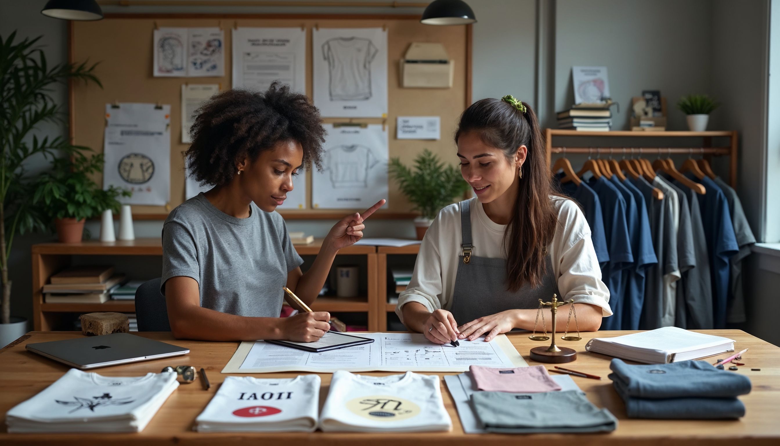 Designer reviewing T-shirt artwork with legal checklist and laptop.