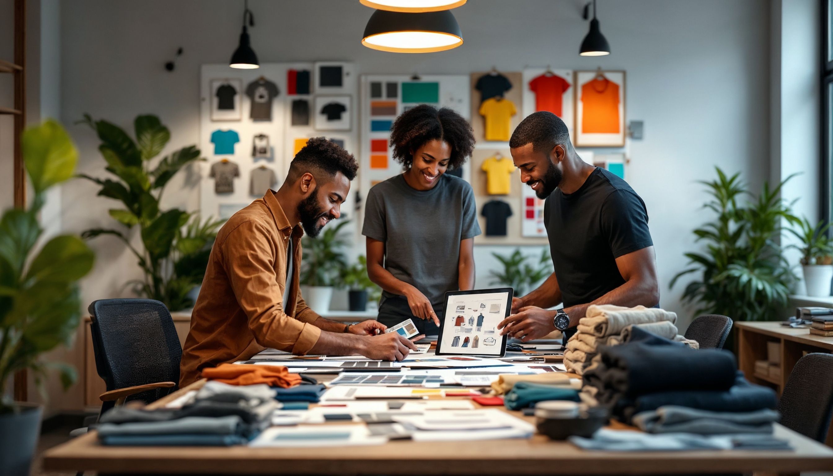 Designer Partnerships 2024 – Form Winning Collaborations for T-Shirt Brands Creative team collaborating on T-shirt designs around a table with sketches and laptops.