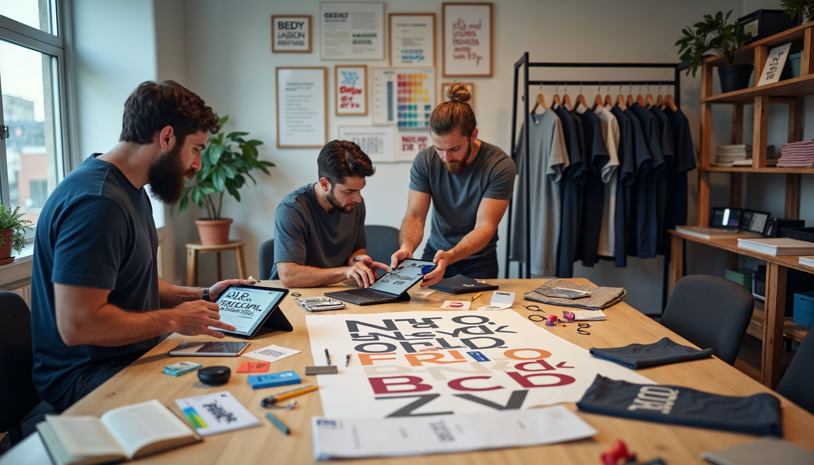 Assorted T-shirt mockups showing different font styles for headlines and branding.