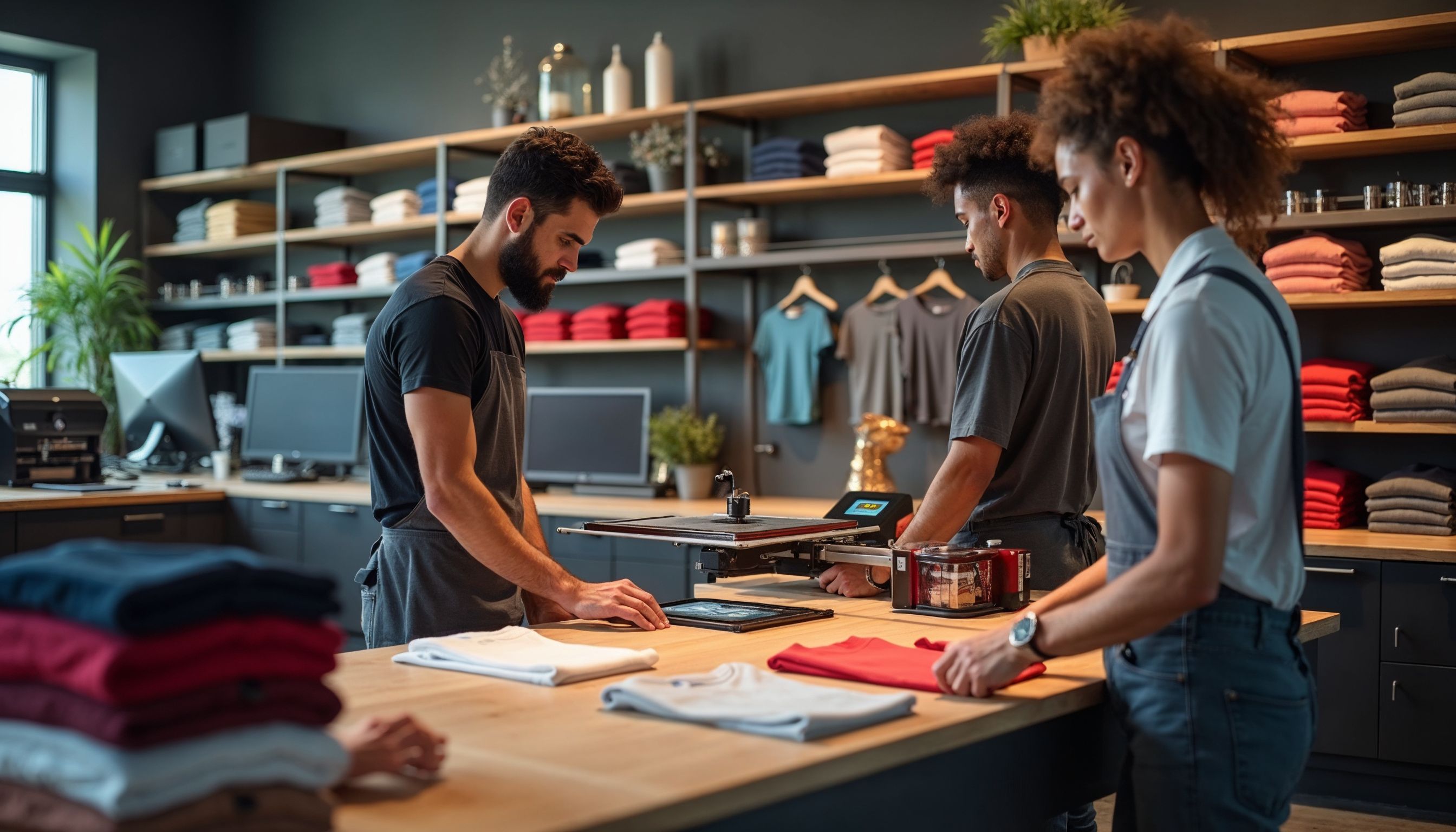 Customer reviewing printed T-shirts at a professional custom printing shop.