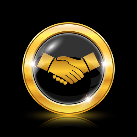 Golden handshake icon on a black background, symbolizing partnership, agreement, or deal. Ideal for business, finance, or collaboration themes.
