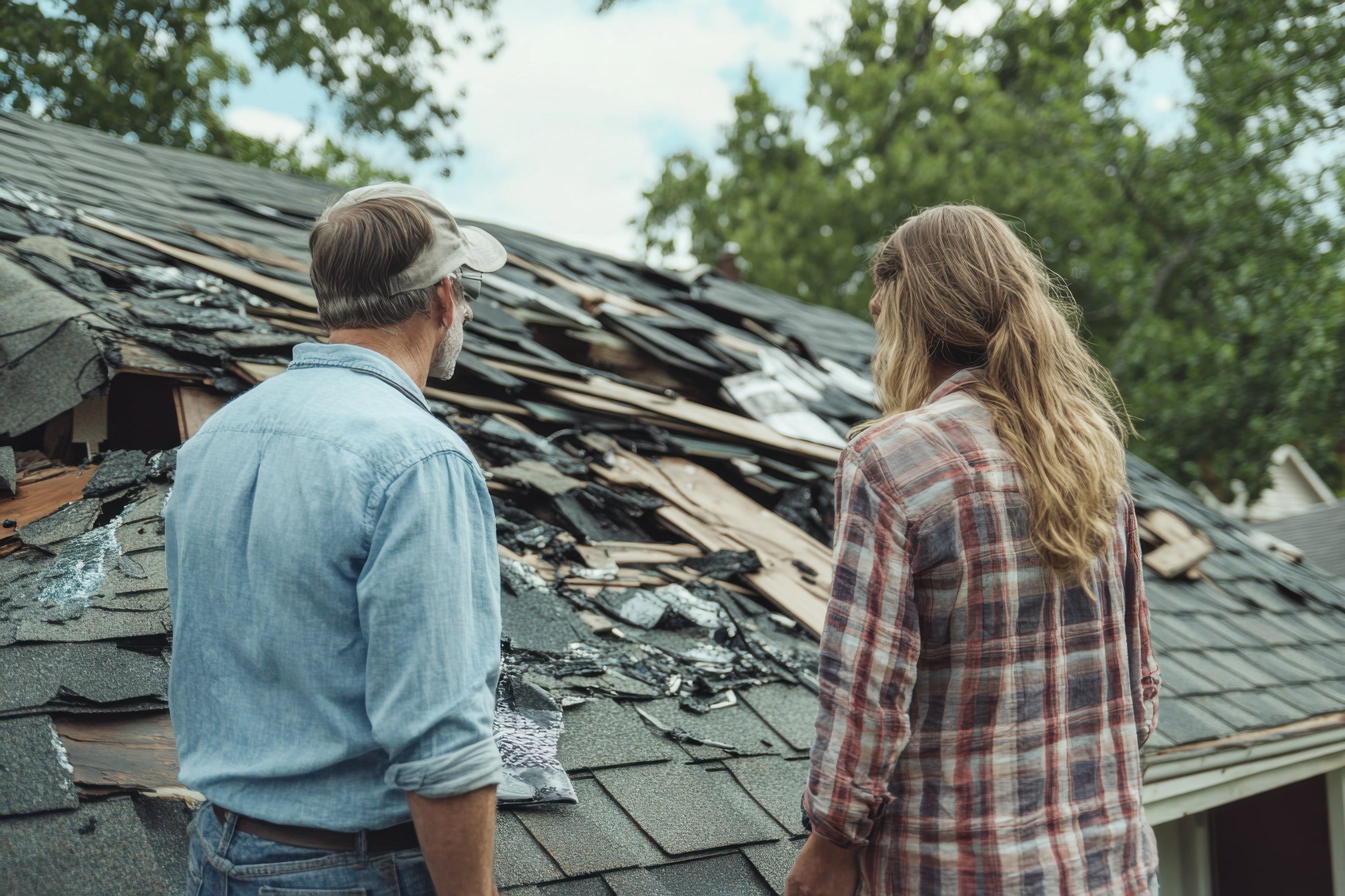 Emergency storm damage roof tarping and repair in progress by H Plus Contracting