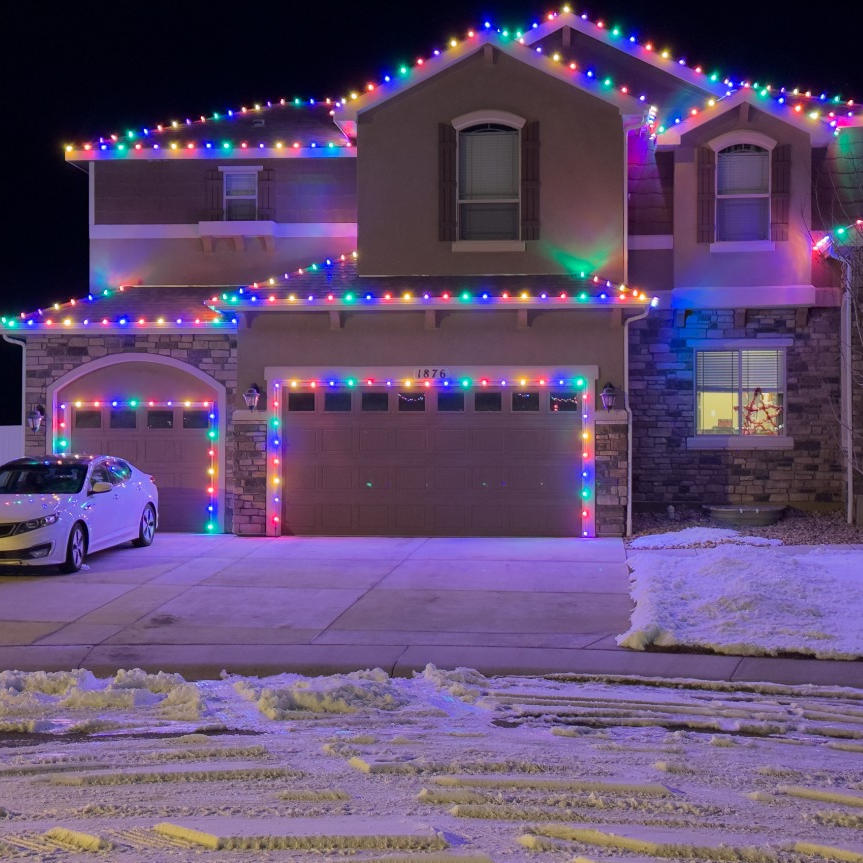 Vibrant multi-color Christmas light installation Colorado