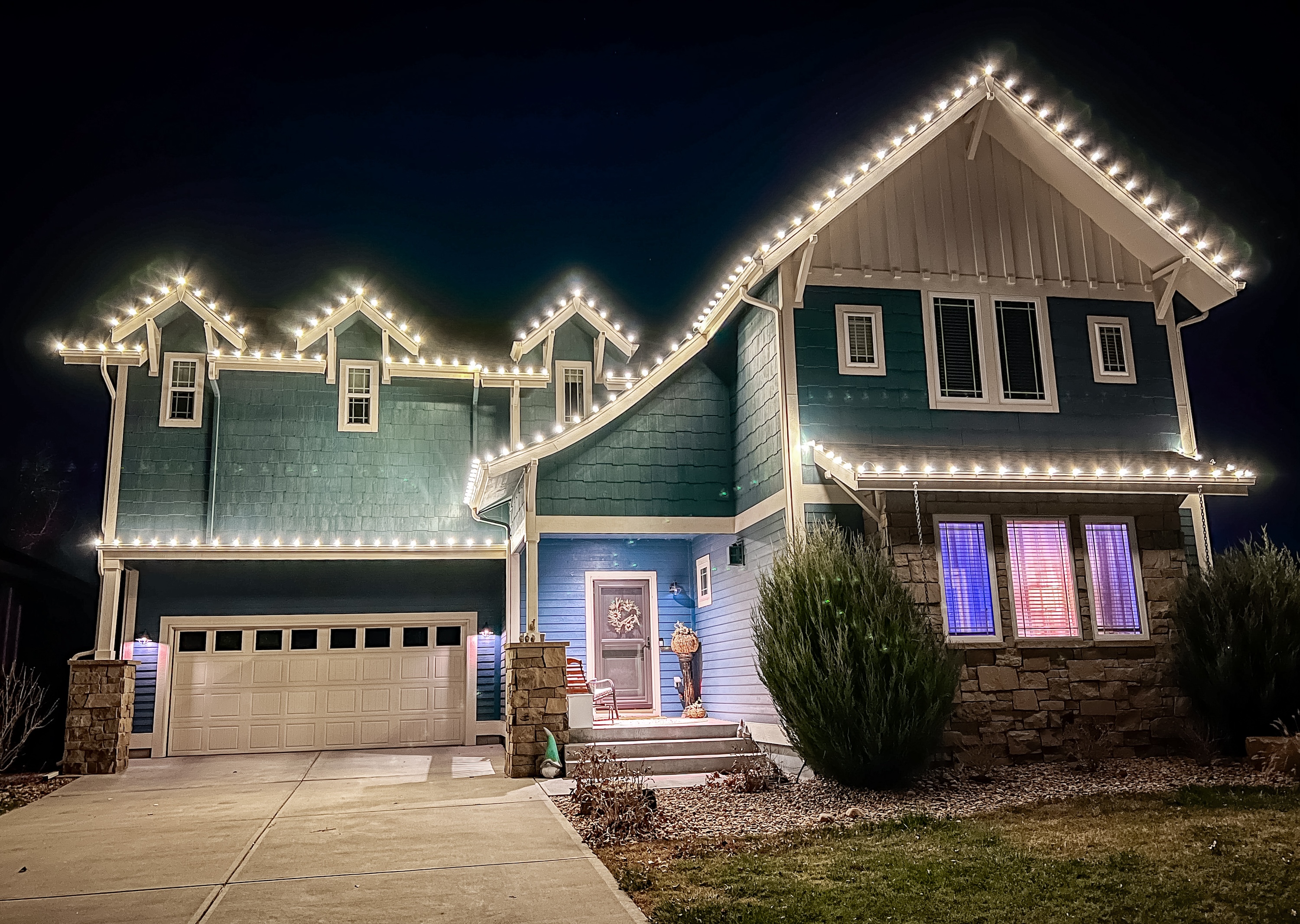 Cool white LED Christmas lights professional installation