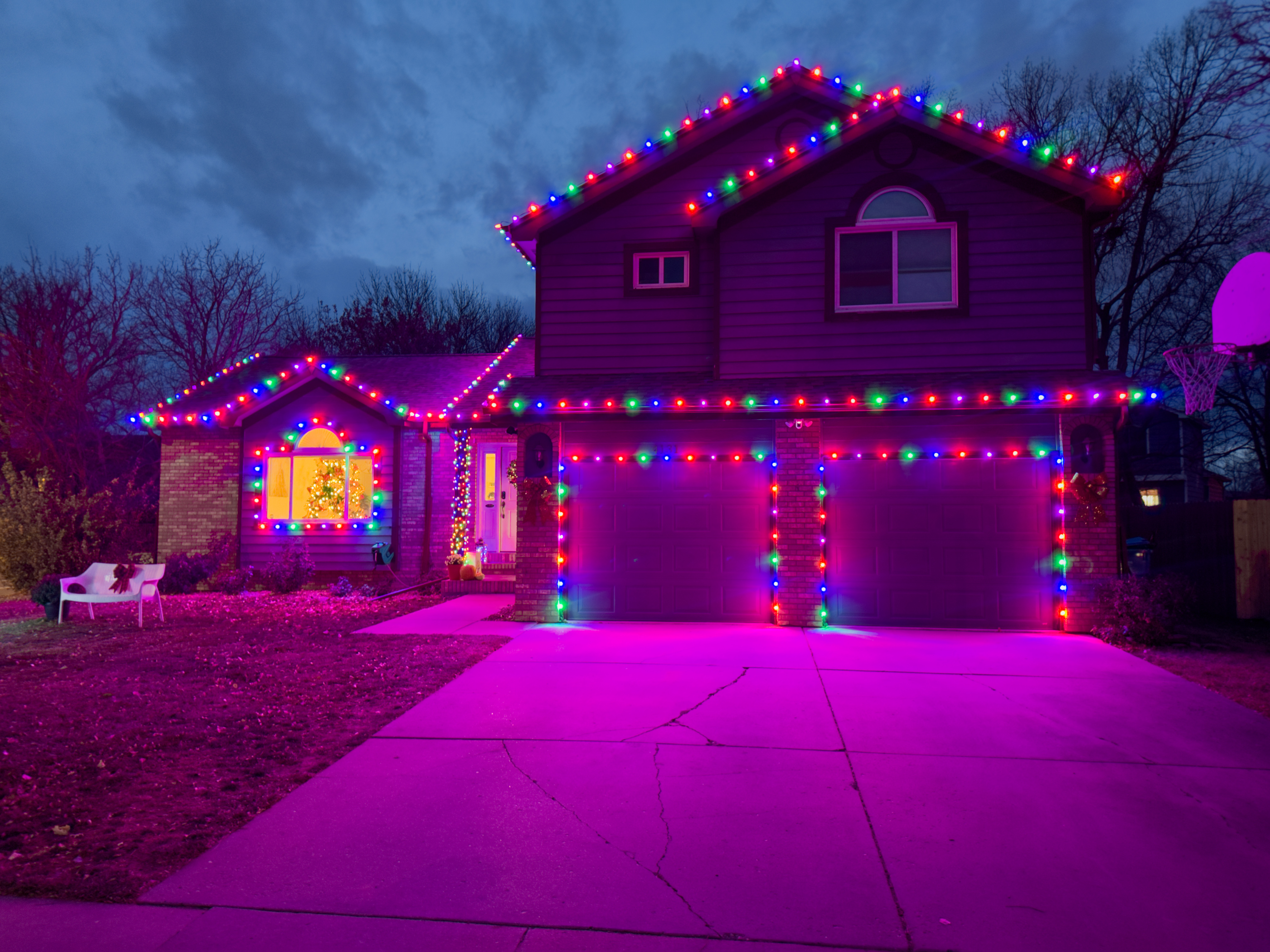 Colorful Christmas light display professional installation