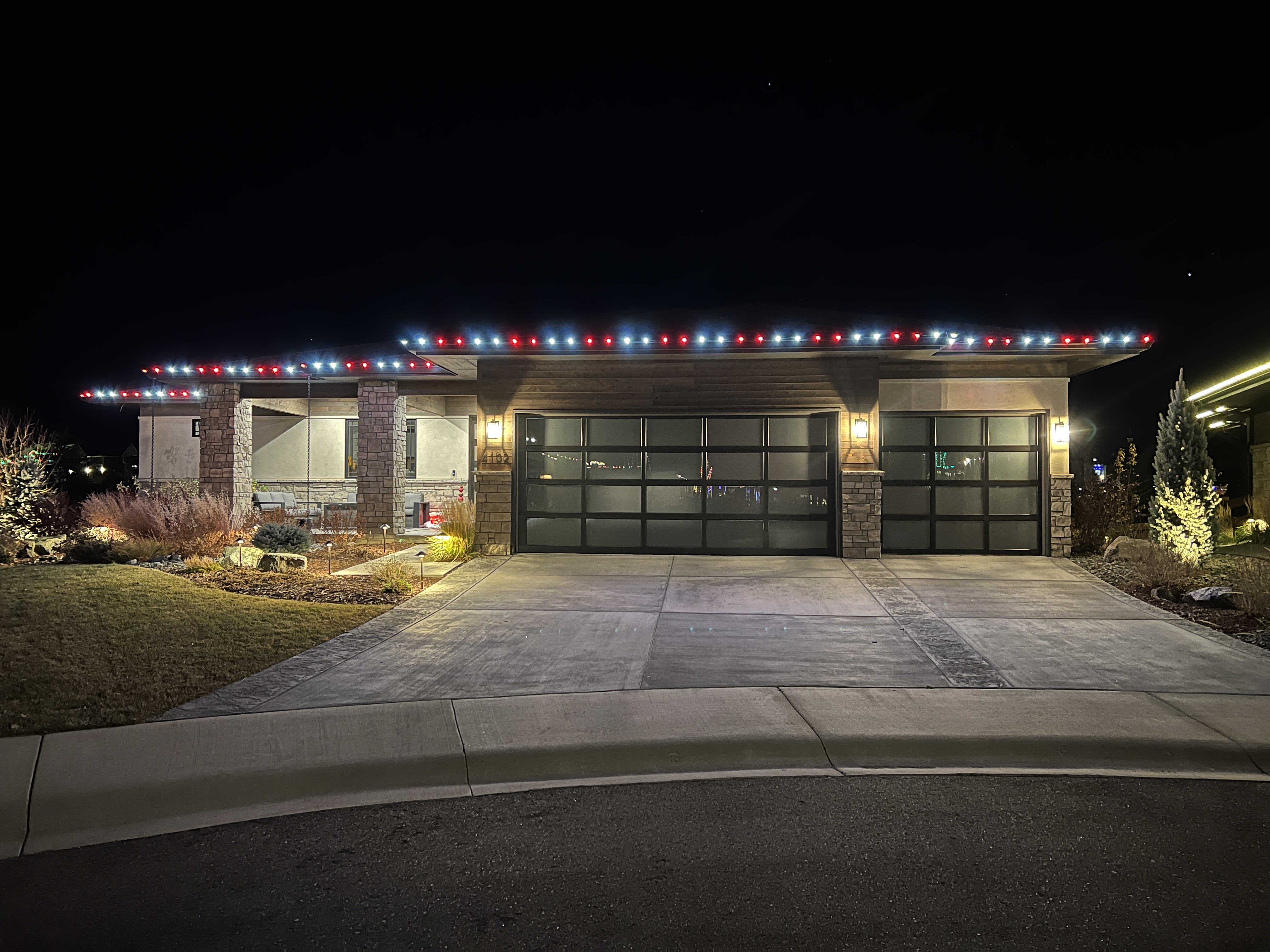 Cool white and red holiday lighting professional installation