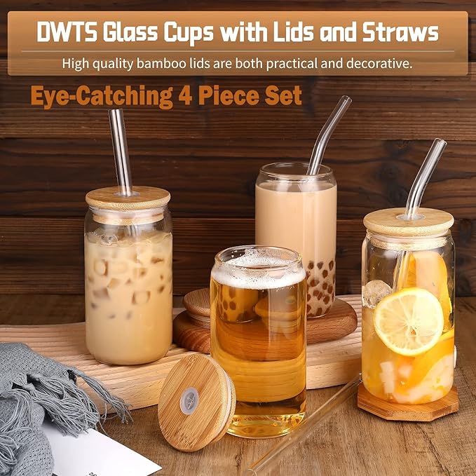 DWTS DANWEITESI Glass Cups with Lids and Straws DWTS DANWEITESI Glass Cups with Lids and Straws
