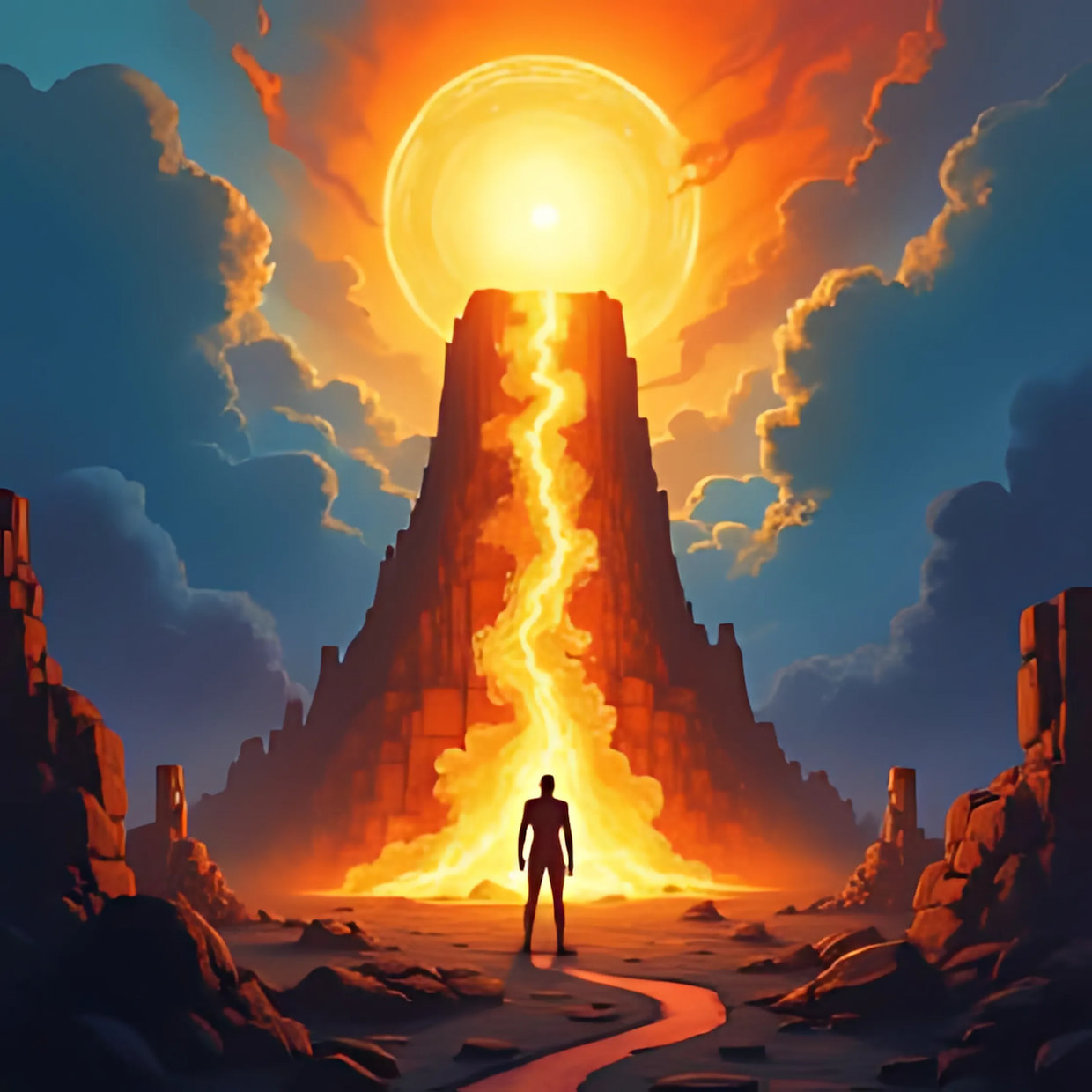 A silhouetted figure stands before a monumental, glowing structure with energy flowing towards a bright celestial orb in an epic, orange-hued sky, symbolizing a journey or breakthrough.