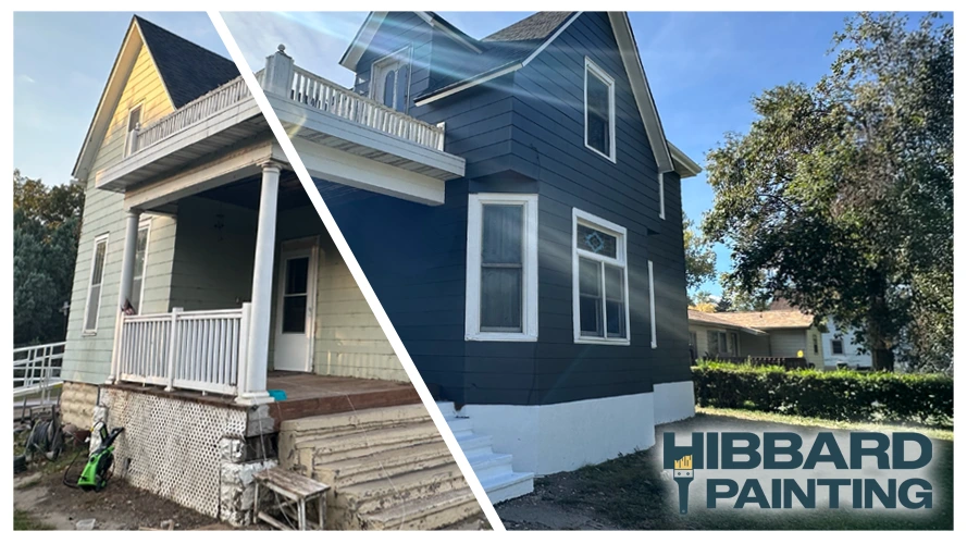 Before and after photo of a residential home exterior repainted by Hibbard Painting, showing a dramatic transformation from faded yellow to modern dark blue with white trim