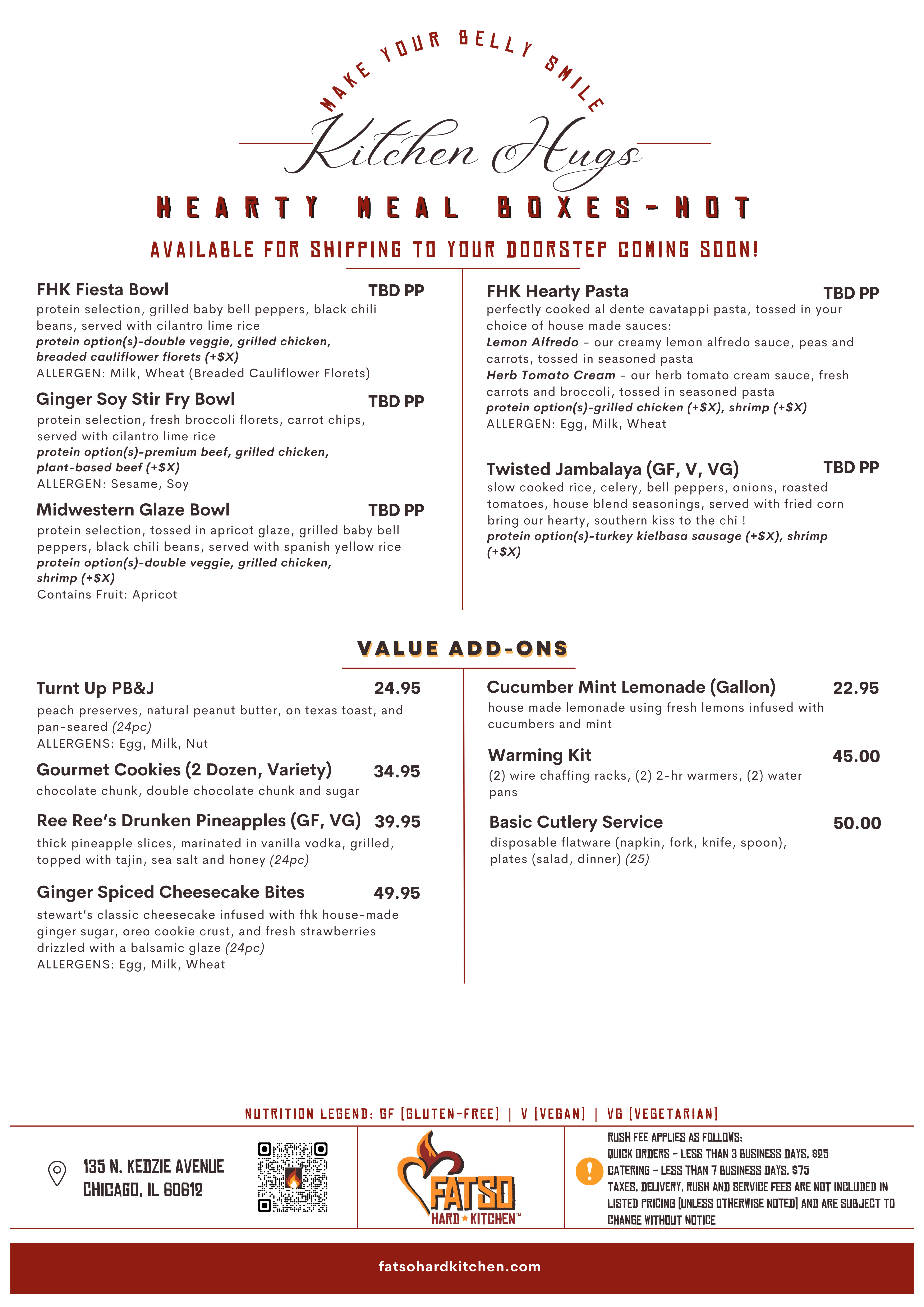 Fatso Hard Kitchen catering menu featuring pasta, roasted chicken, pot roast, cod, jambalaya, and vegetarian sides like green beans, roasted vegetables, rice pilaf, mashed potatoes, and baked beans, with prices and allergens listed.