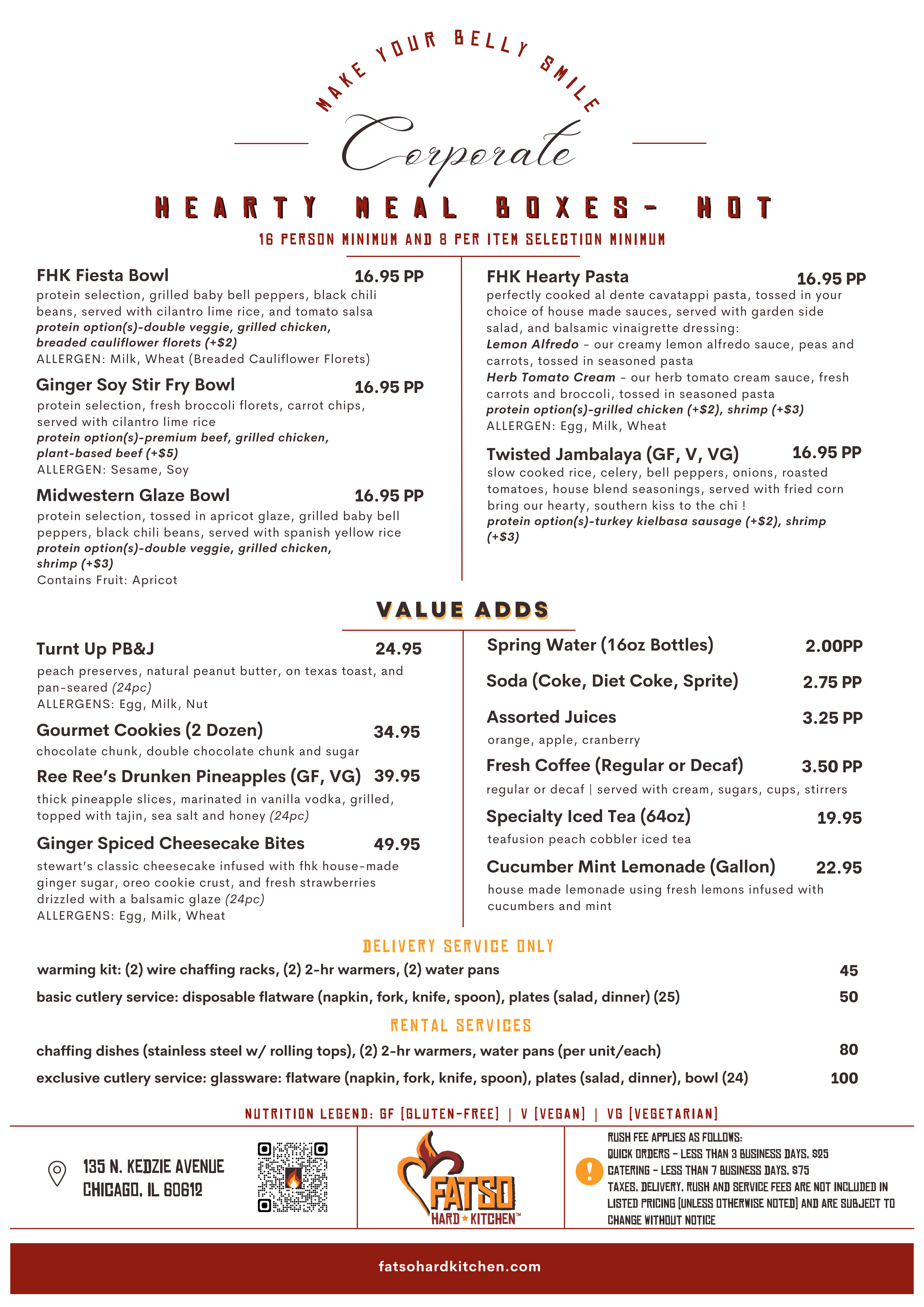 Fatso Hard Kitchen catering menu featuring pasta, roasted chicken, pot roast, cod, jambalaya, and vegetarian sides like green beans, roasted vegetables, rice pilaf, mashed potatoes, and baked beans, with prices and allergens listed.