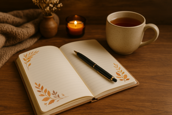 Cozy journaling setup with an open themed journal and tea." Cozy journaling setup with an open themed journal and tea."