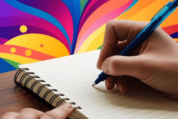 Hand writing in a themed journal with a colorful abstract backdrop. Hand writing in a themed journal with a colorful abstract backdrop.