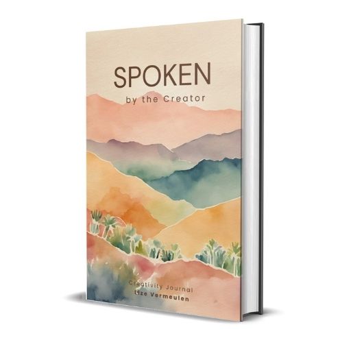 Spoken by the Creator spiritual workbook cover showing watercolor landscape design with soft hills and foliage in warm hues