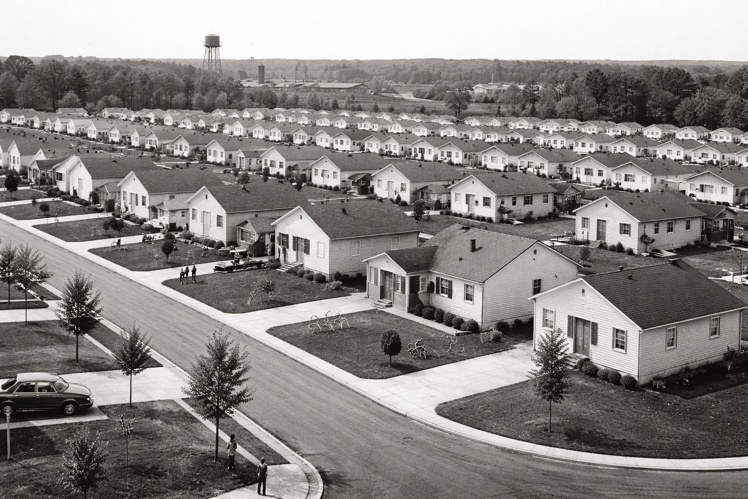Black and white archival photography of a 1950s suburban housing development in Ontario, showing standardized post-war detached homes.