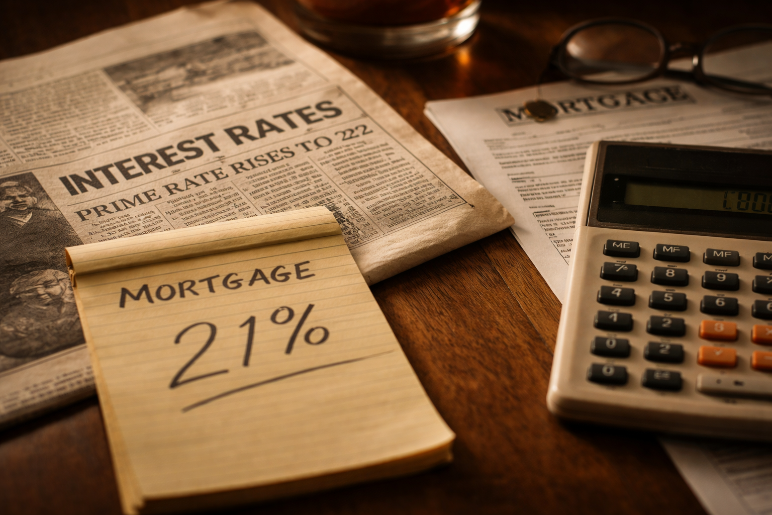 Close-up of a 1981 Canadian mortgage document on a wooden table highlighting the 21 percent interest rate peak