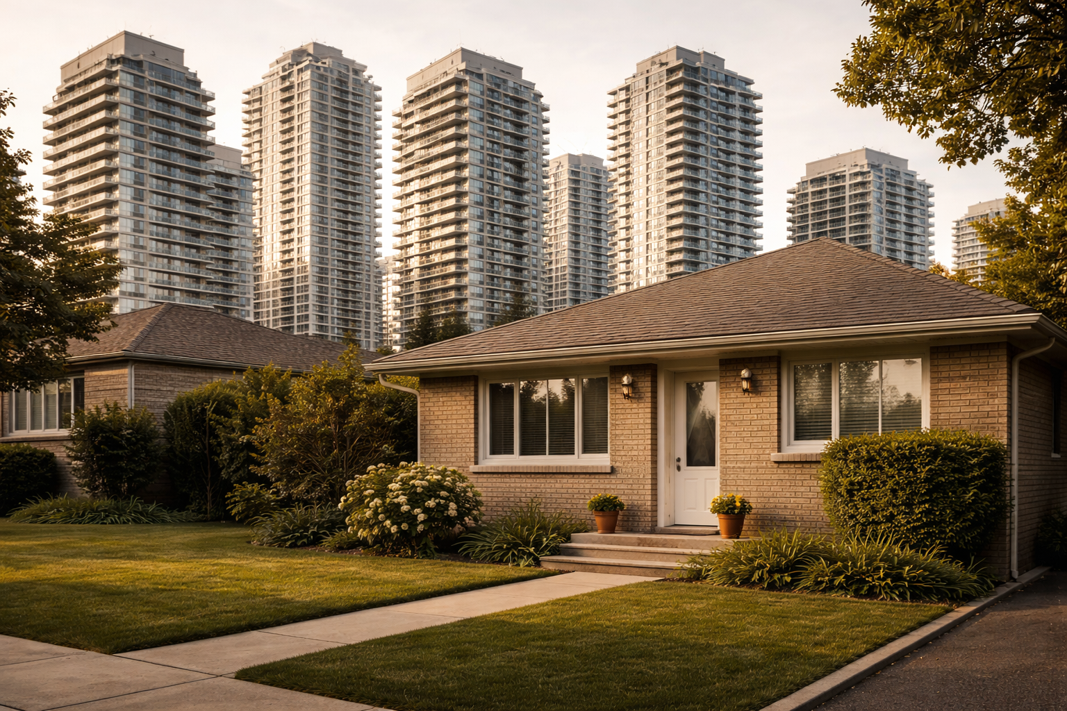A traditional mid-century Canadian bungalow in the foreground with modern high-rise glass condo towers in the background, representing the housing tenure split.
