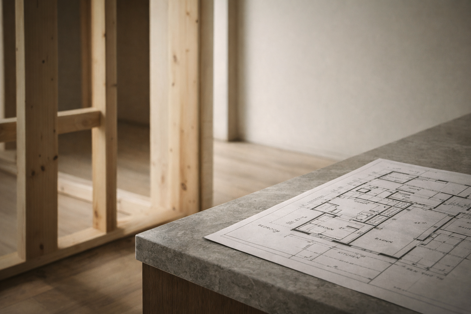 Minimalist architectural photography of exposed wooden house framing and blueprints, symbolizing the structural forces of the Canadian housing market.