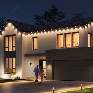 Austin home with warm white Govee Permanent Outdoor Lights installed along the roofline for a clean architectural glow.
