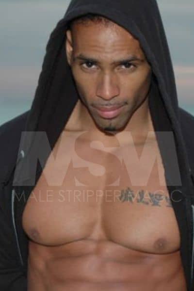 Mixed race male stripper Genuine wearing a hoodie, unzipped, showing chest and abs