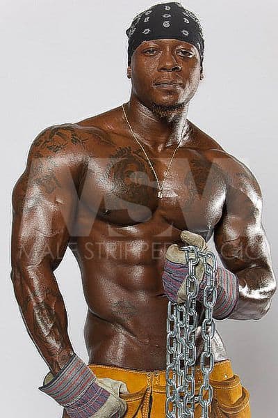 Black male male stripper Incredible shirtless, muscular, bandana, work gloves, holding chains