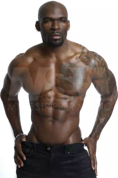 Black male stripper Swagg, perfect body, tattoos, wide shoulders, small waist, jeans
