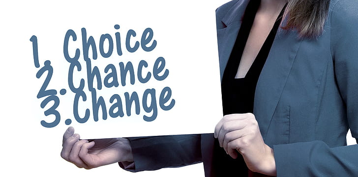Businesswoman holding a sign that says 'Choice, Chance, Change' - Symbolizing the power of decision-making, seizing opportunities, and embracing change in business and life.