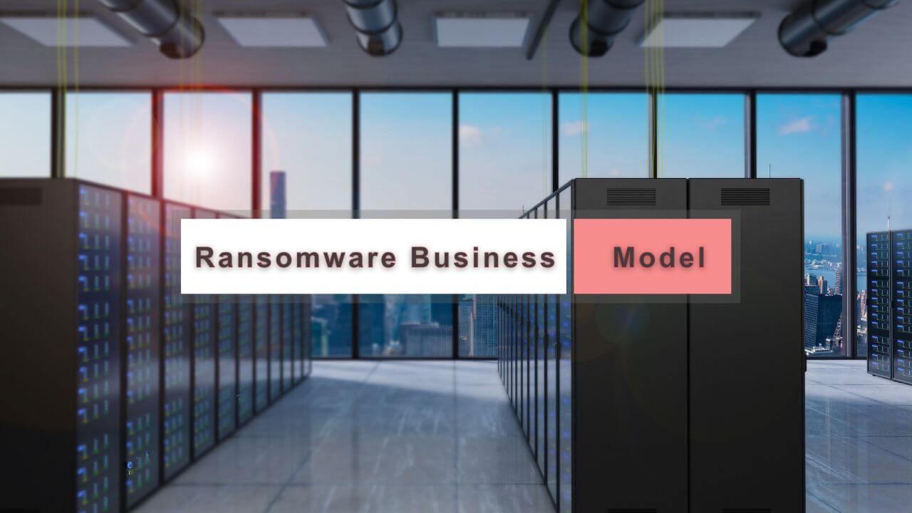 Data center with "Ransomware Business Model" label, illustrating the organized structure of RaaS. Data center with "Ransomware Business Model" label, illustrating the organized structure of RaaS.