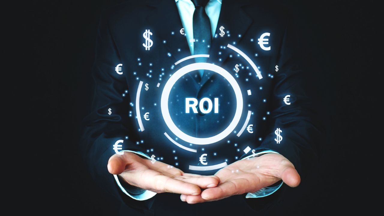 Hand using smartphone with floating ROI dashboard icons and graphs, representing real-time ROI analysis and performance tracking Hand using smartphone with floating ROI dashboard icons and graphs, representing real-time ROI analysis and performance tracking