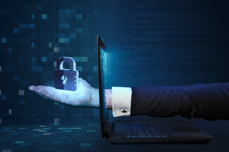 Businessman's hand extending from laptop holding padlock icon, representing online tools for cybersecurity ROI evaluation Businessman's hand extending from laptop holding padlock icon, representing online tools for cybersecurity ROI evaluation