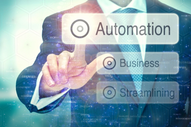 `Businessman pressing virtual automation button with options for business and streamlining, highlighting cybersecurity automation` `Businessman pressing virtual automation button with options for business and streamlining, highlighting cybersecurity automation`