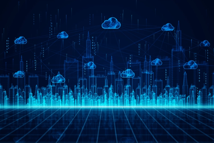 Futuristic digital city skyline with cloud computing icons, illustrating the impact of AI and data in smart city infrastructure Futuristic digital city skyline with cloud computing icons, illustrating the impact of AI and data in smart city infrastructure