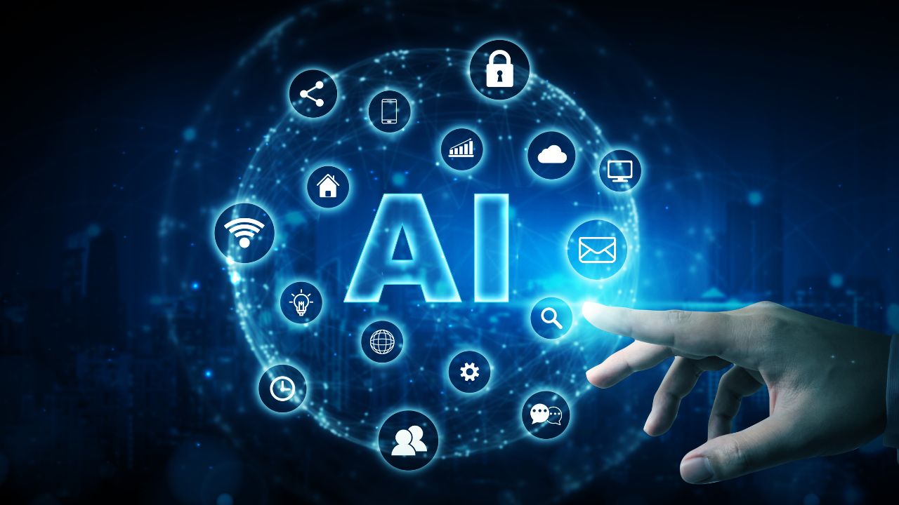 Hand interacting with digital AI interface surrounded by technology icons, representing AI integration across modern applications. Hand interacting with digital AI interface surrounded by technology icons, representing AI integration across modern applications.