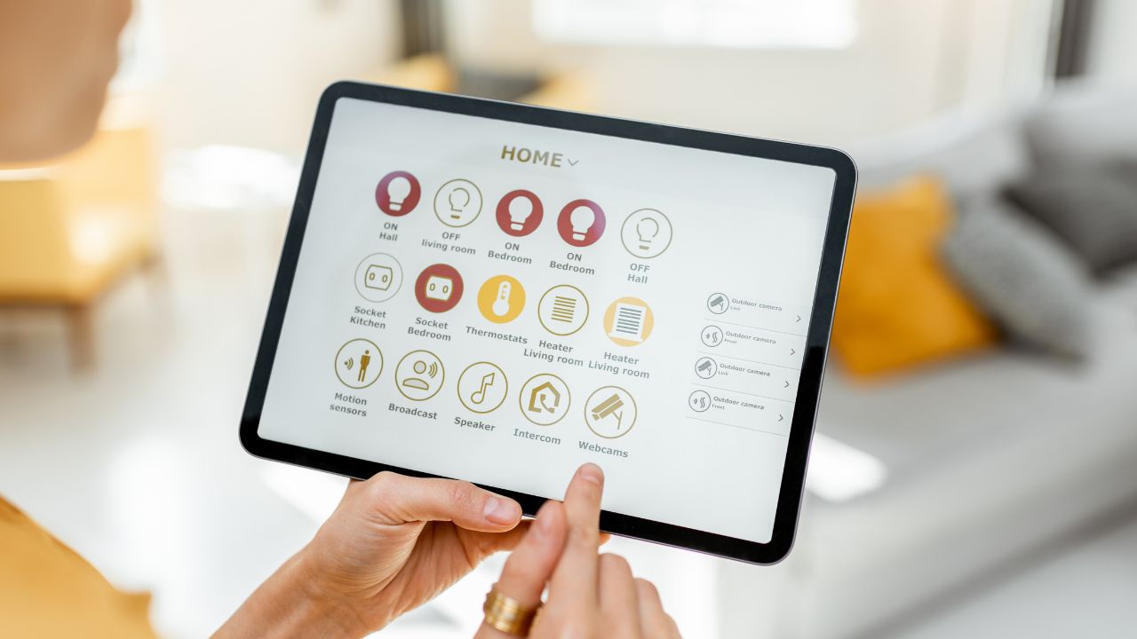 Close-up of smart home control panel interface showing multiple connected devices and sensors for device management. Close-up of smart home control panel interface showing multiple connected devices and sensors for device management.