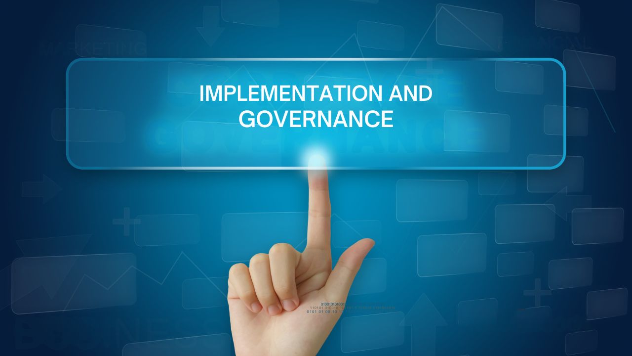 Finger pressing virtual button labeled "Implementation and Governance," representing digital policy setting and compliance Finger pressing virtual button labeled "Implementation and Governance," representing digital policy setting and compliance