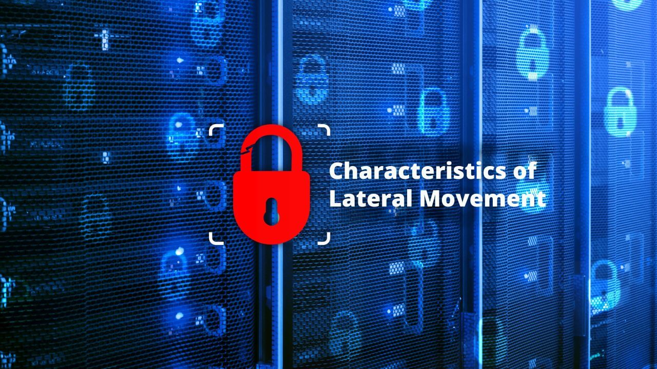 Server network with open padlock icon representing lateral movement attack characteristics in cybersecurity Server network with open padlock icon representing lateral movement attack characteristics in cybersecurity