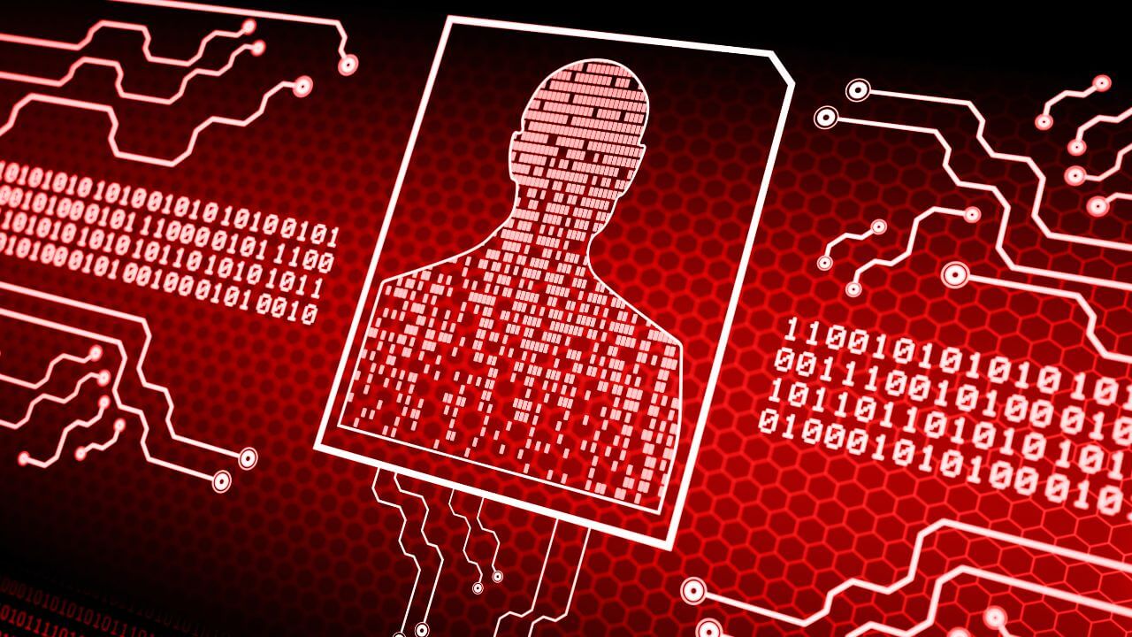 Digital attack surface representation with binary silhouette and circuit board design in red tones Digital attack surface representation with binary silhouette and circuit board design in red tones