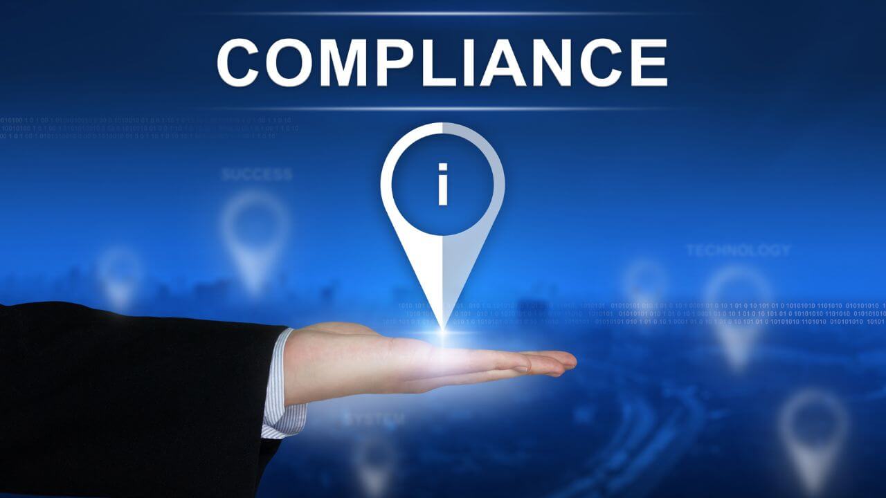 Compliance in cybersecurity illustrated with an information icon over a digital business background Compliance in cybersecurity illustrated with an information icon over a digital business background