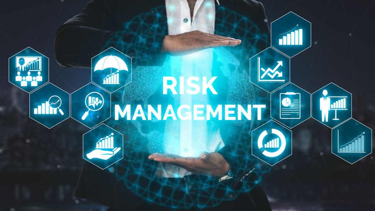 Risk management strategy visualization with icons representing AI-related data and performance metrics. Risk management strategy visualization with icons representing AI-related data and performance metrics.