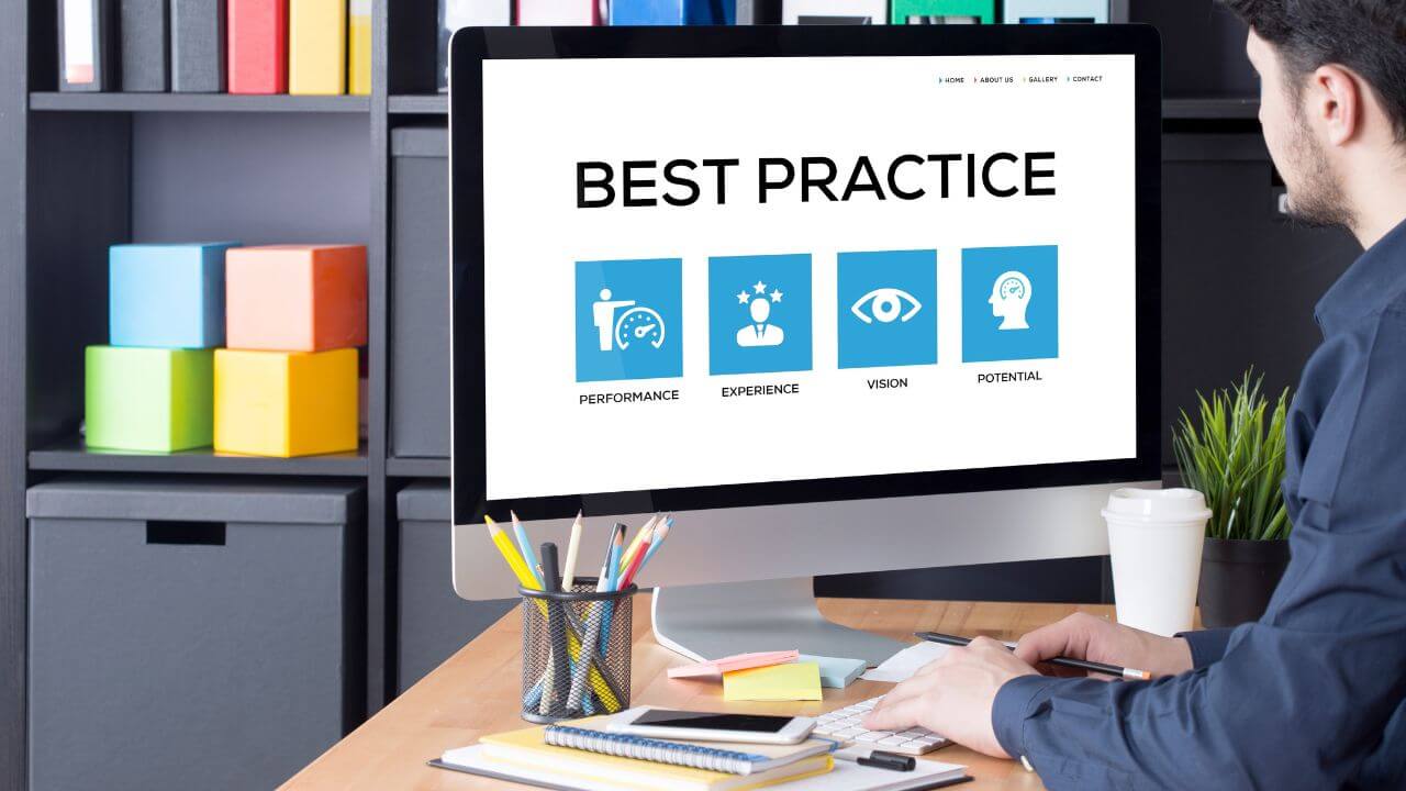 Man at computer viewing best practices for firewall management focusing on performance, vision, and potential. Man at computer viewing best practices for firewall management focusing on performance, vision, and potential.