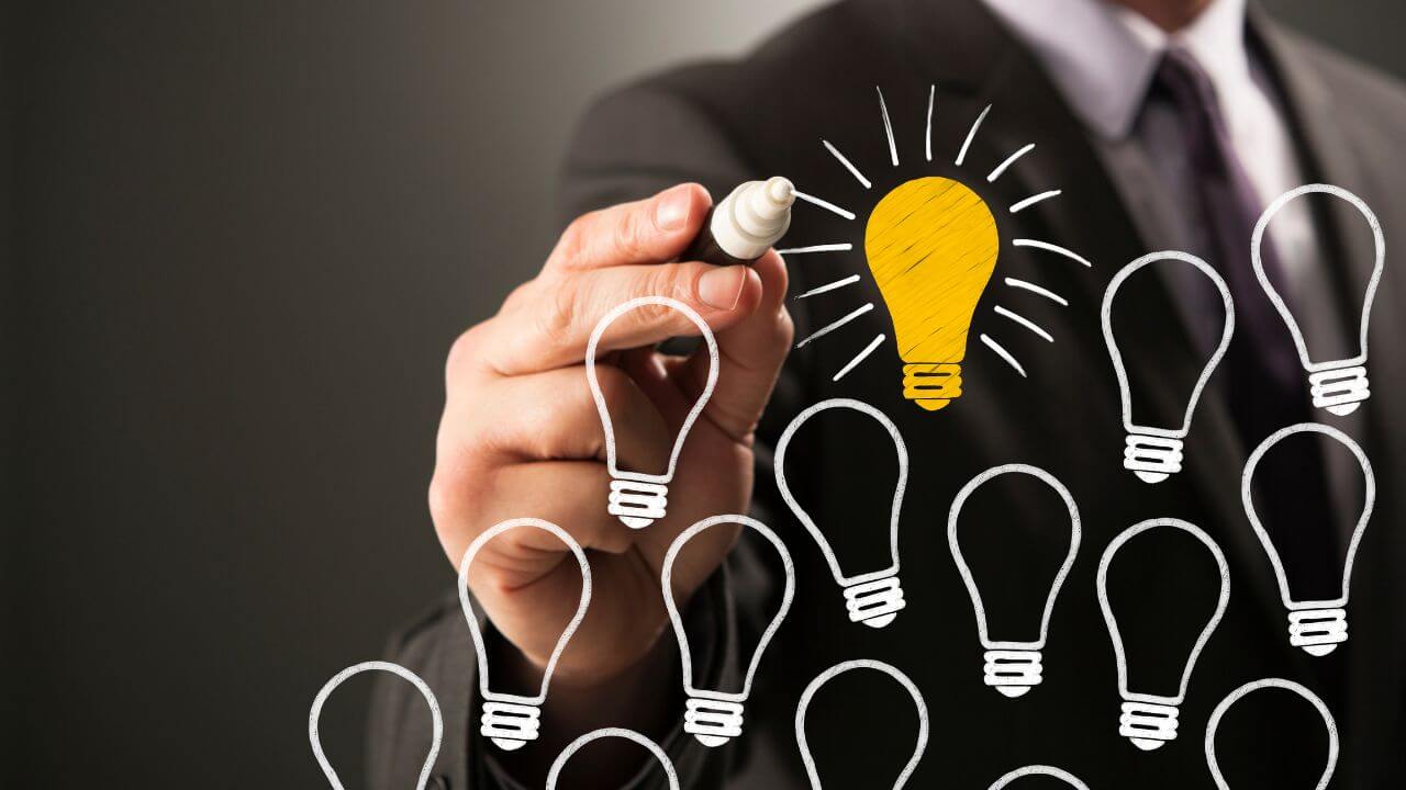 Businessman highlighting standout idea among light bulbs symbolizing choosing the best firewall solution. Businessman highlighting standout idea among light bulbs symbolizing choosing the best firewall solution.