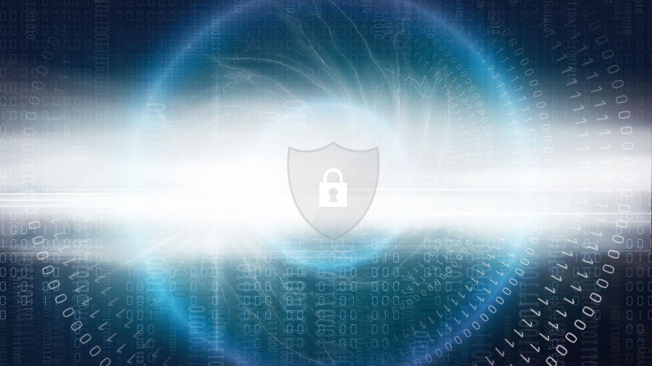 Shield with lock icon over binary data stream representing the future of advanced firewall cybersecurity. Shield with lock icon over binary data stream representing the future of advanced firewall cybersecurity.