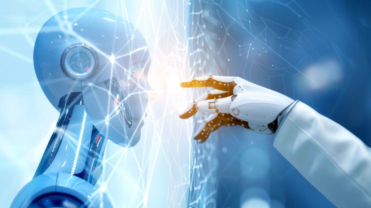 Robot interacting with digital interface, illustrating successful AI integration. Robot interacting with digital interface, illustrating successful AI integration.