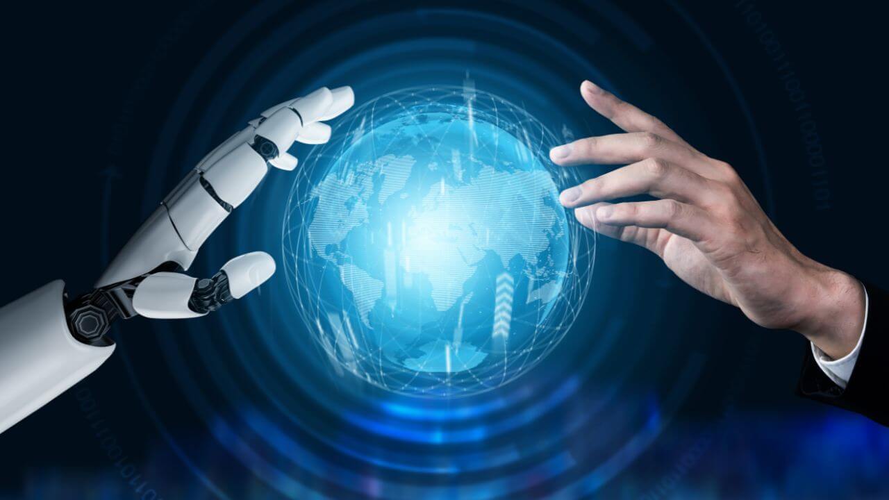 Robot and human hand highlighting AI limitations in global digital transformation. Robot and human hand highlighting AI limitations in global digital transformation.