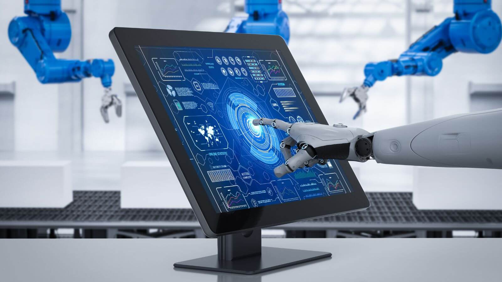 Robot arm interacting with touch screen showing AI-powered analytics dashboard. Robot arm interacting with touch screen showing AI-powered analytics dashboard.