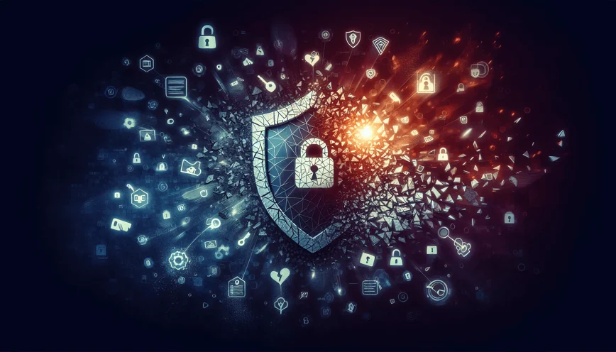 Digital shield breaking apart to symbolize data leaks, personal information exposure, and cyber threats.