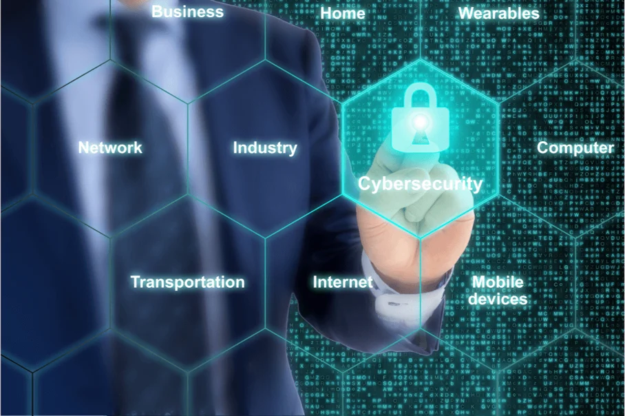 Business professional selecting a cybersecurity icon on a digital interface showing networks, devices, and industry sectors.