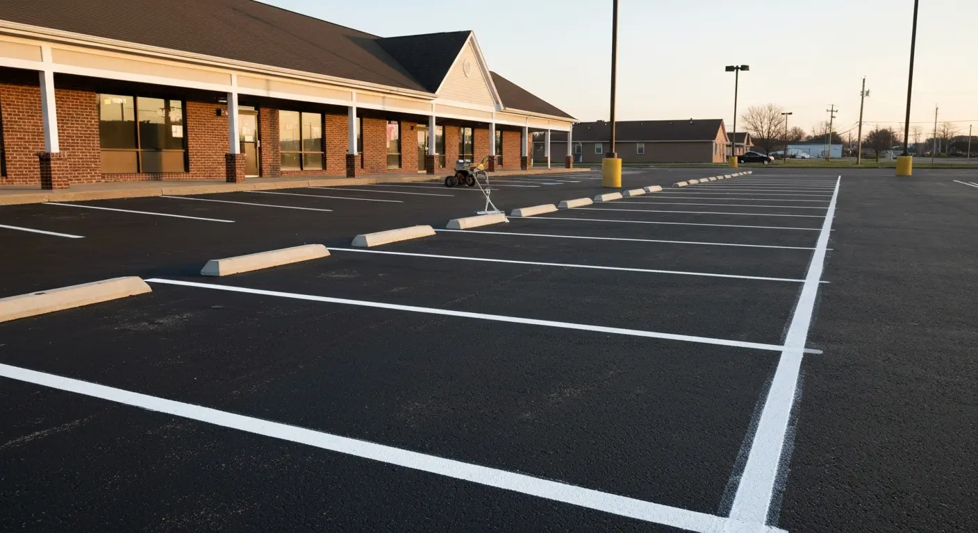 Parking lot line striping in progress