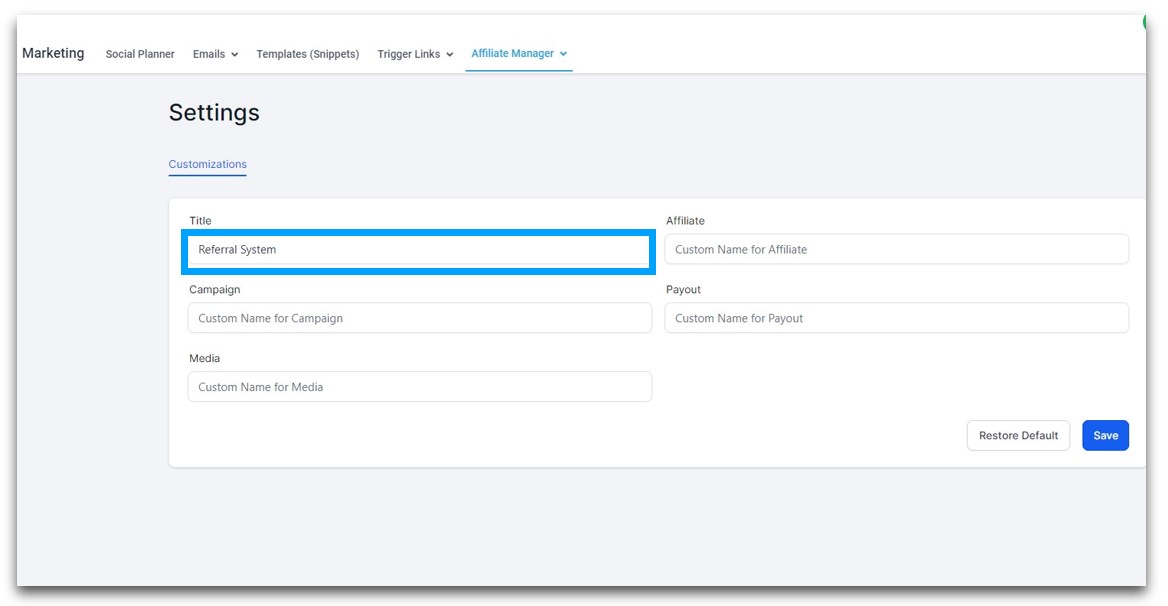 Affiliate Management Customizing Name